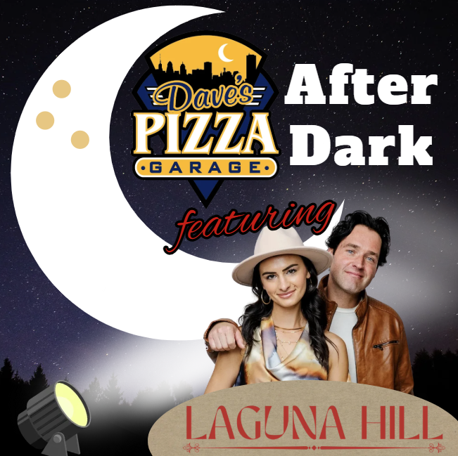 Poster advertising Dave's Pizza Garage 'After Dark' featuring a couple before a large crescent moon and starry night sky with a Laguna Hill sign logo.